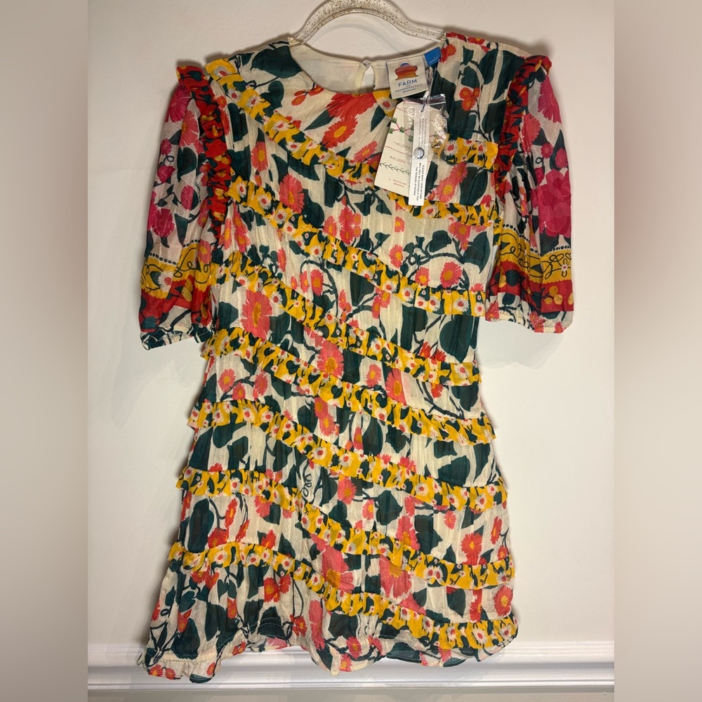 Farm Rio Anthropologie NWT Puff Sleeve Mini Dress in Yellow Floral Motif Small - Picture 6 of 11